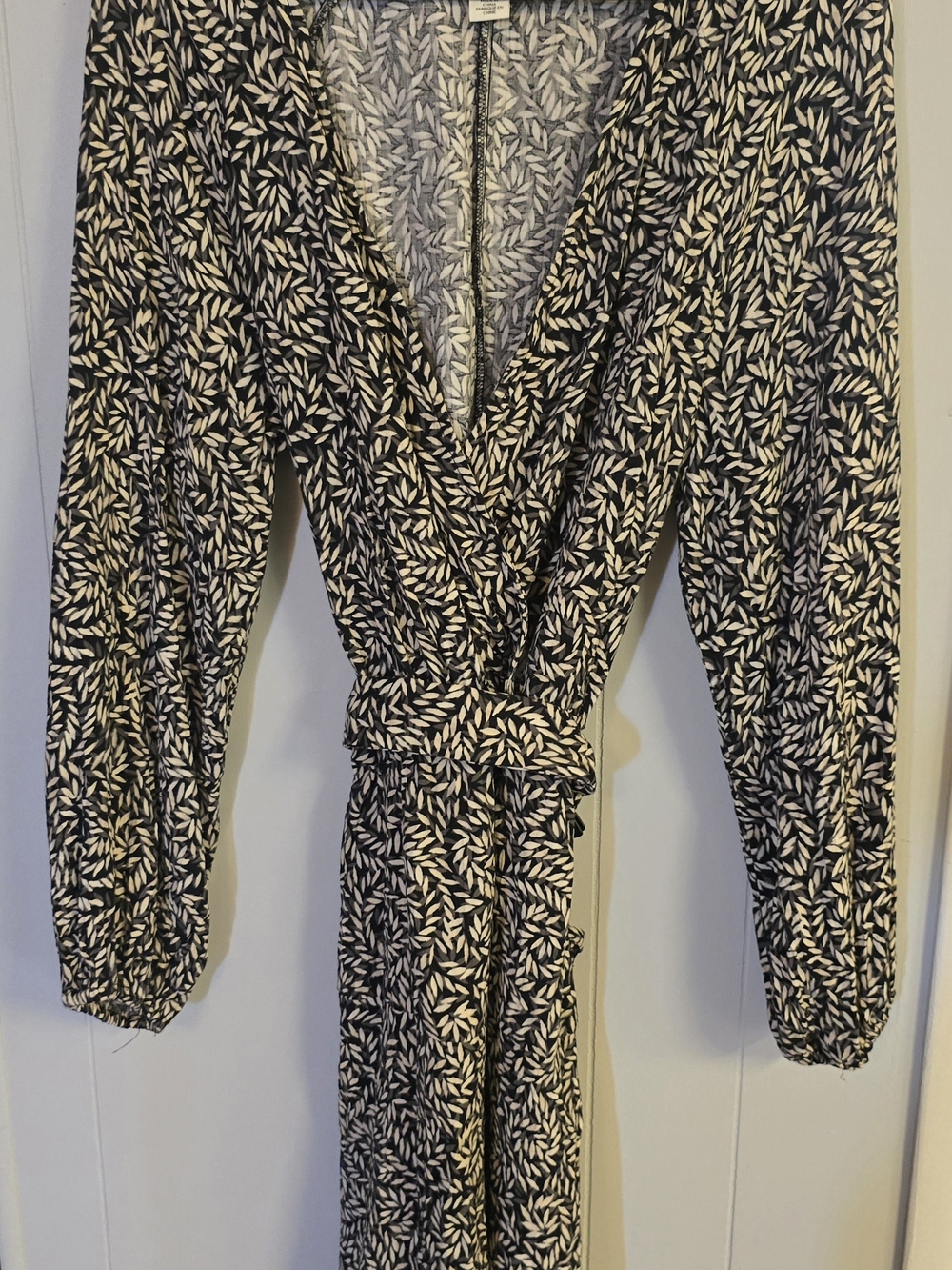 H&M Black Dress with Cream Leaf Print Wrap Style